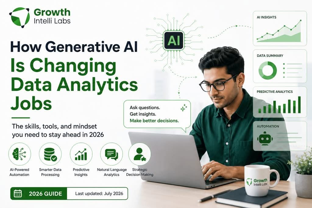 How Generative AI is changing data analytics jobs in 2026 with AI-powered automation, predictive analytics, dashboards, and business intelligence by Growth Intelli Labs.