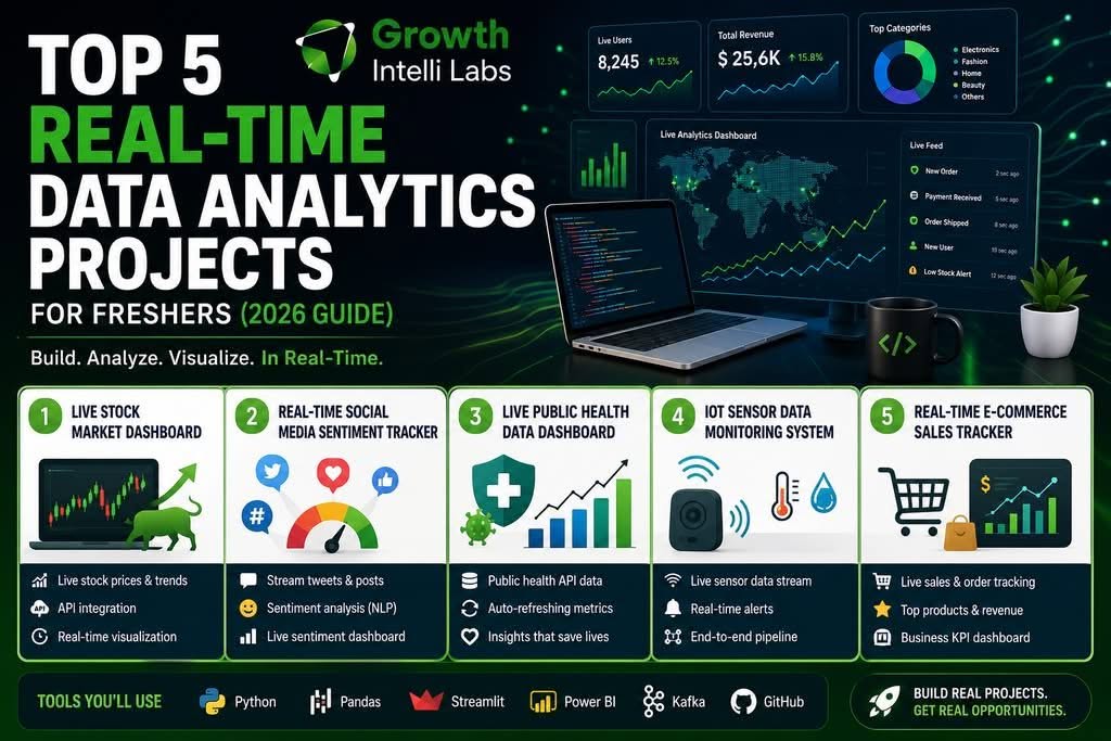 Top 5 real-time data analytics projects for freshers featuring stock market dashboard, social media sentiment tracker, public health dashboard, IoT sensor monitoring, and e-commerce sales tracker.